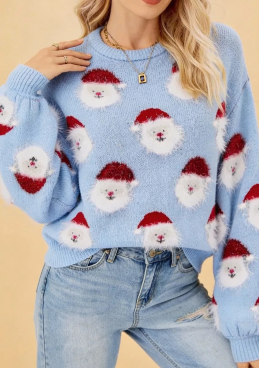 Świąteczny sweter z motywem Mikołajów