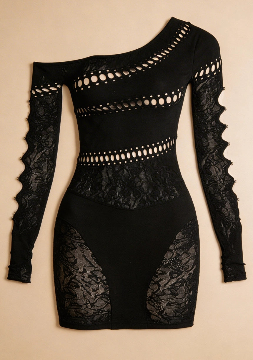 Bodystocking na jedno ramię z koronkowym wzorem