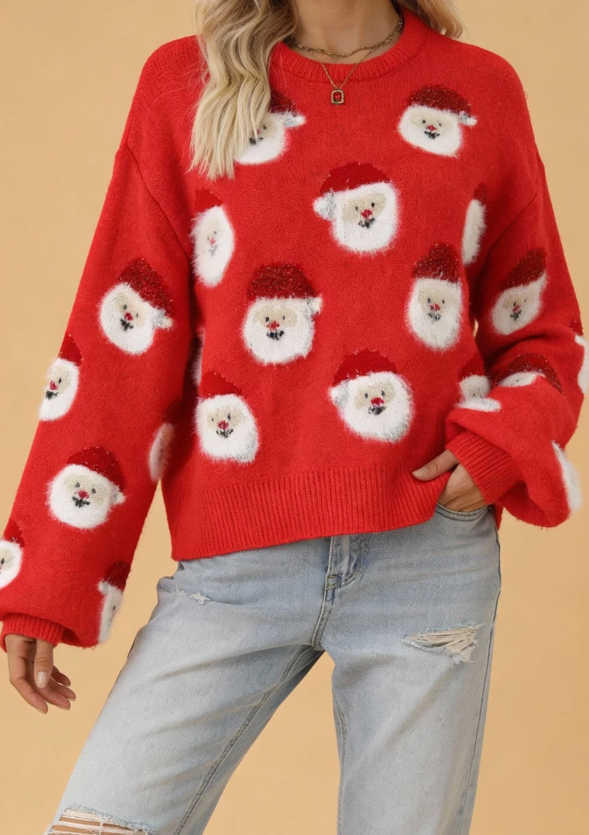 Świąteczny sweter z motywem Mikołajów