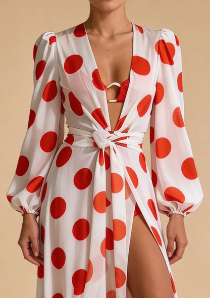 Damskie kimono plażowe w czerwone grochy