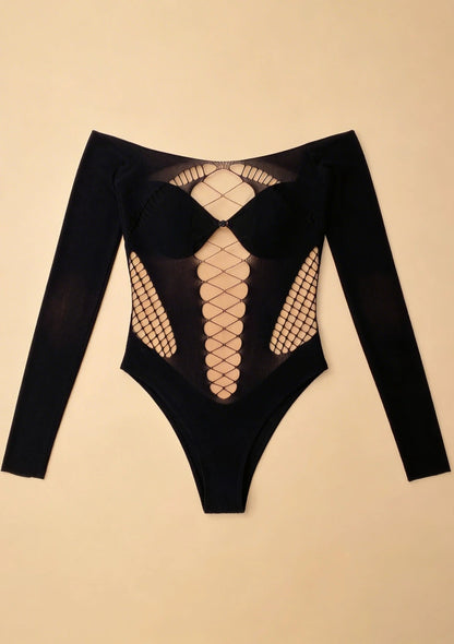 Bodystocking z odkrytymi ramionami i wycięciami