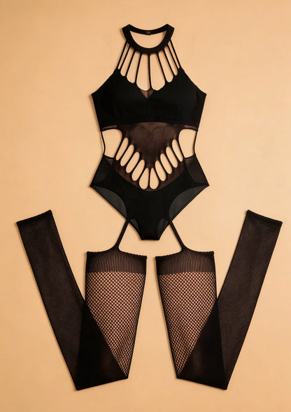 Bodystocking z wycięciami i pończochami