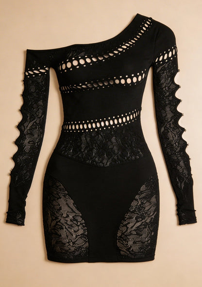 Bodystocking na jedno ramię z koronkowym wzorem