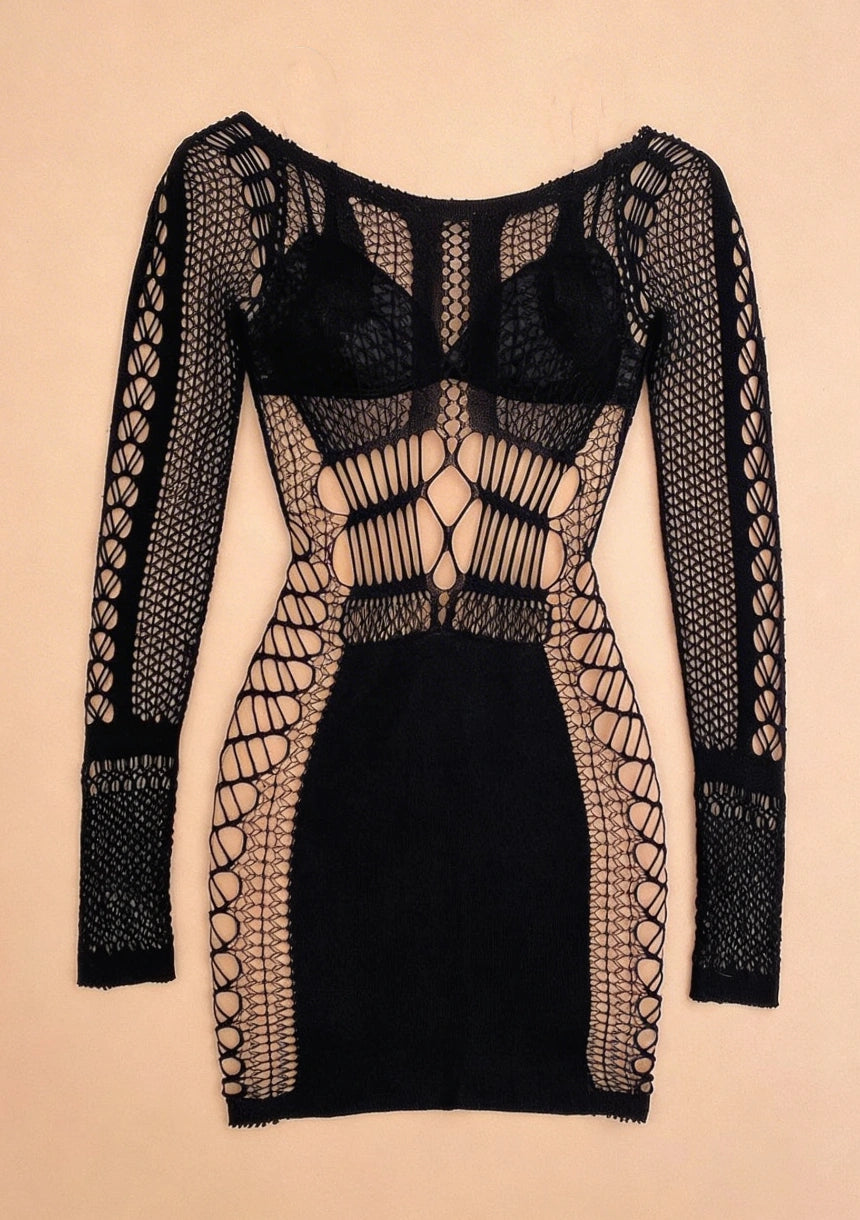 Bodystocking z ażurowym wzorem i długim rękawem
