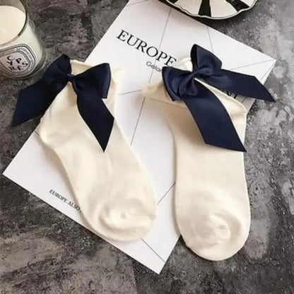 Granatowy Skarpetki za kostkę z dużą kokardą